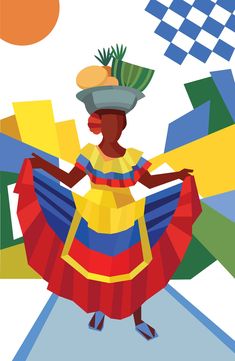 a woman in a colorful dress and hat is dancing with her hands on her hips