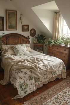 a bed sitting in the middle of a bedroom next to a dresser and window with potted plants on top of it