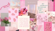 a collage of pink and white images with different things on the wall behind it