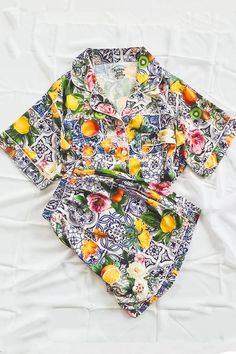 Sicilian Fruit Custom Satin Pajamas – Spikes and Seams Casual Sleepwear With Fruit Print For Loungewear, Spring Patterned Sleepwear For Pajama Party, Patterned Sleepwear For Pajama Party In Spring, Spring Patterned Sleepwear, Patterned Spring Sleepwear, Summer Patterned Sleepwear, Spring Patterned Printed Sleepwear, Multicolor Lounge Sets For Spring, Multicolor Lounging Sets For Spring