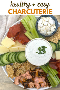 healthy charcuterie board with turkey pepperoni, smoked salmon, fresh cut veggies, and more. Low Carb Charcuterie Board Ideas, Protein Potluck Ideas, Healthy Charcuterie Board Ideas, Low Carb Charcuterie Board, Healthy Charcuterie Board, Healthy Charcuterie, Calorie Snacks, Charcuterie Board Ideas