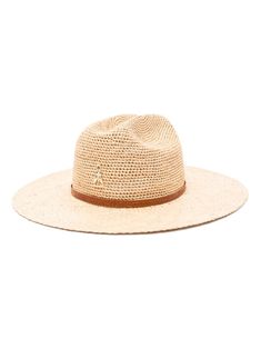 beige raffia leather trim cowboy style gold-tone logo plaque interwoven design centre-dent crown wide brim Cowboy Logo, Raffia Hat, Versace Outfit, Cowboy Style, Demi Fine Jewelry, Summer Beach Wear, Coastal Style, Ballet Flat Shoes, Lady Dior