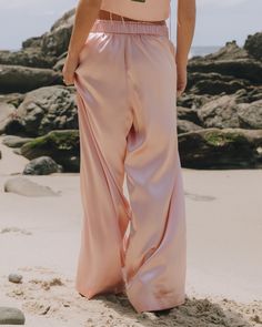 color: ribbonsize: Ella is 5'4 and wearing size XS/S, Bre is 5'7 and wearing size M/L this item is final sale Elegant Beach Bottoms With Elastic Waistband, Elegant Beach Pants With Elastic Waistband, Elegant Pink Bottoms For Vacation, Pink Full-length Bottoms For Vacation, Elegant Full-length Pants For Vacation, Resort Pants, Final Sale, Ribbon, Pants