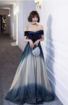 Off-shoulder Evening Dress For Homecoming And Prom, Blue Off-shoulder Prom Evening Dress, Blue Off-shoulder Party Evening Dress, Blue Off-shoulder Evening Dress For Prom, Off Shoulder Party Dress, Prom Night Dress, Starry Night Dress, Blue Prom Dress, Purple Birthday