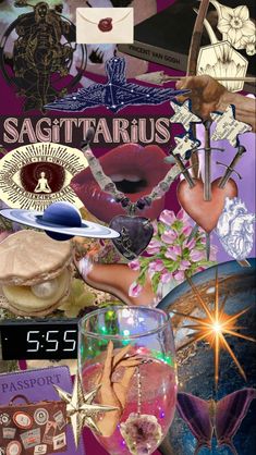 a collage of images with the words sagittarius and symbols in them