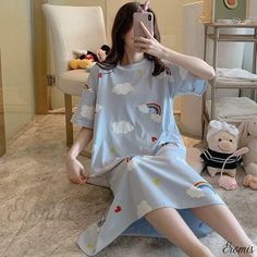 Sweet Dreams Robe Sleepwear Women Pajamas, Korea Dress, Rainbow Clouds, Sleepwear Dress, Chic Shirts, Flared Sleeves Top, Night Dress For Women, Female Girl, Home Wear