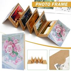 an open photo frame with flowers and pictures on it