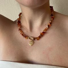 Never Worn, Handmade, 18in Inches Long Amber Bead Necklace, Gold Clasp With Charm Orange Heart Beads For Jewelry Making, Casual Orange Beaded Necklaces For Gifts, Casual Orange Necklace With Round Beads, Casual Orange Beaded Necklaces, Casual Orange Beaded Necklace, Trendy Orange Beaded Necklaces As Gift, Trendy Orange Beaded Necklaces For Gifts, Amber Bead Necklace, Amber Necklace