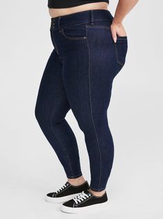 FIT High rise. Super skinny fit from hip to ankle. Perfect for every body shape. Inseam: Ex-Short: 25”; Short: 27”; Regular: 29”; Tall: 31”; Ex-Tall: 33”. MATERIALS + CARE Super Soft Denim: Extraordinary stretch with a buttery brushed feeling soft enough to sleep in (and we have! ). Stretch level: High. 65% cotton, 20% rayon, 13% polyester, 2% spandex. Machine wash cold, inside out. Tumble dry low. Imported. DETAILS 3-button waistband for a little smoothing. 5-pocket design. WHY WE LOVE IT Our J Womens Jeggings, Jean Jeggings, High Rise Jeans, Jeggings, High Rise, Body Shapes, Dark Blue, Womens Shorts, Plus Size