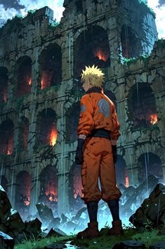 an anime character standing in front of a giant stone structure with flames coming from it