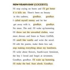 a poem written in black and white with the words new year's day goodbye