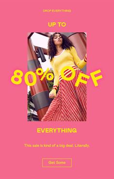 a woman in yellow shirt and red striped skirt with text reading up to 30 % off everything