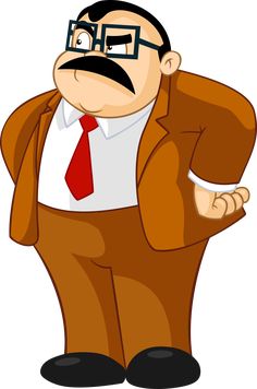 a cartoon man in a suit and tie with his hand on his hip, looking angry