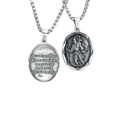 Embark on life's journeys with the protection of our Voyager's Guardian Medallion. This striking double-sided pendant features the revered St. Christopher, patron saint of travelers, meticulously crafted in weathered silver finish. One side displays an intricate relief of the saint, while the reverse bears a powerful prayer for safe travels. Crafted from durable metal, this meaningful piece serves as both a spiritual talisman and a stylish accessory. Whether you're an avid adventurer or simply navigating life's path, let this necklace be your constant companion and source of divine guidance. Vintage-inspired design with strong religious symbolism Premium 316L stainless steel - Lightweight, hypoallergenic and tarnish-resistant Retro chain included (24 inches length) Pendant with Bail 45mm x Spiritual Silver Necklace With Engraving Option, Spiritual Antique Silver Medallion Necklace, Spiritual Antique Silver Necklaces With Antique Finish, Spiritual Necklaces With Engraving Option For Commemoration, Silver Amulet Necklace For Memorial, Spiritual Engraved Oval Pendant Jewelry, Engraved Oval Pendant Spiritual Jewelry, Antique Silver Engraved Necklace For Memorial, Spiritual Pendant Necklace With Engraving Option