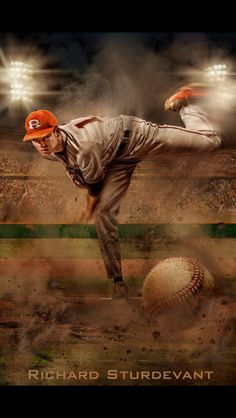 a baseball player pitching a ball in the middle of a field with lights behind him