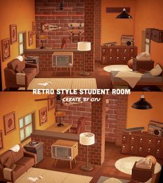 two pictures of a living room and bedroom in different styles, with the same color scheme