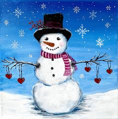 a painting of a snowman wearing a hat and scarf with hearts hanging from the branch