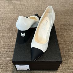 Chanel Pumps Authentic And Like New This Is Seasonal Color And Was Only Available In Europe. Pls Know Your Size Before Purchasing. Calfskin & Grosgrain Size: 36.5 Heel Height: 3.3” Color: White & Black Original Box , Dust Bag & Extra Dowel Tips Included Chanel Two Tone Pumps, Chanel Pumps, Shoes Chanel, Chanel Shoes, Season Colors, Calf Skin, Original Box, White Black, White And Black