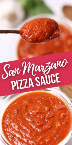 a spoon full of pizza sauce on top of a white plate with the words, son marzsano pizza sauce