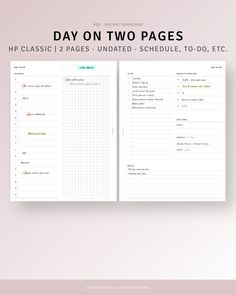 the day on two pages printable planner is shown with text overlaying it