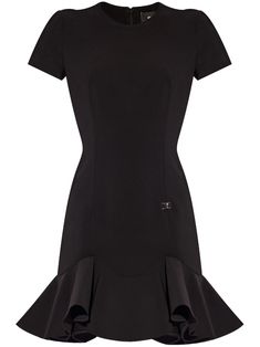 black appliqué logo round neck concealed rear hook and zip fastening short sleeves thigh-length ruffle hem Virgo Rising, Black Outfits, Ruffled Dress, City Dress, Mini Dress Black, Cocktail Dress Party, Ruffle Dress, Ruffle Hem, Mini Black Dress