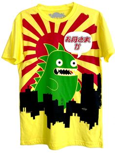 Our custom LA made tee features our classic dinosaur character Tokzilla., AKA Zilly. This 'lil'  guy is lost in fantasy land, searching for his mom.  The original artwork is super sized & extends right into the side seams The inks are soft & the color is a very bright neon yellow. You certainly won't blend in with the crowd, unless the crowd is wearing Zilly too & that would be kinda weird but cute! The fit is a regular junior cut, slightly fitted & runs a little on the smaller size. We also have a UNISEX medium 38" chest  MADE IN LOS ANGELES, USA OFFICIAL NEWBREED girl character Japanese Mom, Los Angeles Usa, Yellow T Shirt, Vintage Character, Girls Characters, Neon Yellow, Girls Tshirts, Cotton Material, Clothing Items