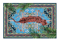 a blue rug with a tiger on it and palm leaves in the foreground, against a white background