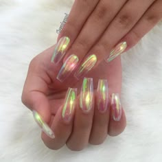 Bubble tapered square tip / Coffin long nails. Iridescent as Heaven! How pretty ❤ #nail #nailart Scott Mccall, Hot Nails, Fabulous Nails, Nail It, Fancy Nails, Creative Nails, Manicure E Pedicure, Chrome Nails, Gorgeous Nails