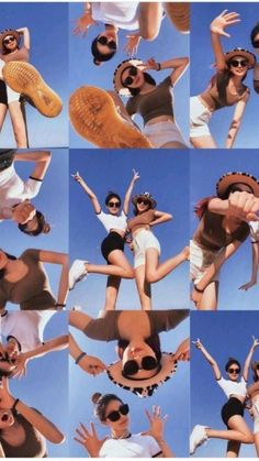 multiple pictures of people wearing sun glasses and hats with their arms in the air, one woman is holding up her hat