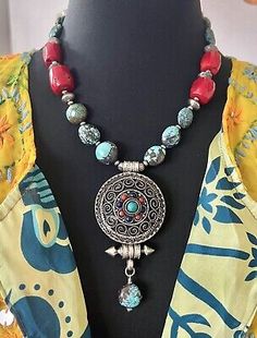 Tibetan Ghau Gau Turquoise &  Red Coral Vintage Nepalese Boho handmade Necklace.  | eBay Artisan Jewelry Necklaces, Boho Handmade, Handcrafted Artisan Jewelry, Genuine Turquoise, Handmade Boho, Handmade Necklace, Red Coral, Artisan Jewelry, Handmade Necklaces