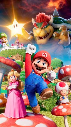 mario and luigi in front of mushroom mushrooms with the sun shining over them, as well as other super mario characters