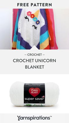 the crochet unicorn blanket is on display in front of a white background with text that