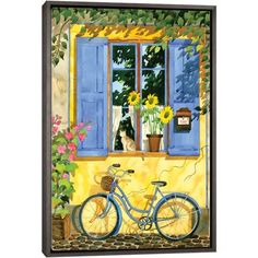 a painting of a bicycle parked in front of a yellow building with blue shutters