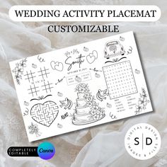 a wedding activity placemat is shown with the words customizable in black and white