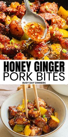 honey ginger pork bites in a bowl with chopsticks sticking out of the meat