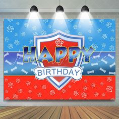 an image of a happy birthday sign on the wall with spotlights and dog paw prints