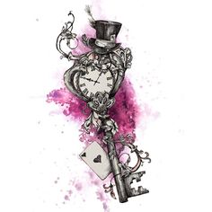 a drawing of a clock with a top hat on it and keys attached to it