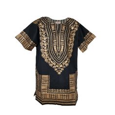 "Black and Gold Traditional African Print Dashiki Shirt 100% Cotton Vibrant colors. length is approximately between 32 - 35\" depending on size Hat not included Colors include - Black and Gold Size: XL.  Gender: male.  Age Group: adult." Black Diaspora, African Dashiki Shirt, African Kaftan, African Print Shirt, African Suit, Dashiki Shirt, African Dashiki, African Shirts, Shirt Pant Set