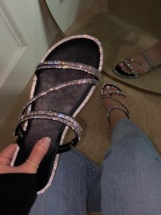 Cheap Rhinestone Sandals For Night Out, Rhinestone Embellished Flat Heel Sandals, Cheap Women's Sandals With Crystal Embellishments, Cheap Crystal Embellished Sandals For Spring, Elegant Cheap Glitter Sandals, Cheap Synthetic Sandals With Rhinestones, Sparkly Sandals Beach, Cheap Rhinestone Sandals For Vacation, Cheap Sparkling Sandals For Spring