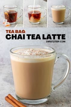 Two chai tea bags steeping in a mug, milk being poured into tea, foam added on top of latte, and a chai tea latte in a glass mug with cinnamon sprinkled on top. Chai Milk Tea Recipe, Chi Tea Recipe, Vanilla Chai Tea Latte Recipe, Chai Milk Tea, Iced Chai Recipe, Chia Tea Recipe, Chia Tea Latte Recipe, Latte Ideas, Chai Milk