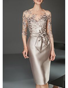 Scheide / Säule Mutter der Braut Kleid elegant plus Größe durchsichtig Bateau Hals knielangen Satin Tüll halben Ärmel mit Perlen Rüschen 2020 Mutter des Bräutigams Kleider Wedding Guest Gowns, Slim Bodycon Dress, Formal Wedding Guests, Mother Of Bride Outfits, Satin Tulle, Bride Outfits, Mother Of Groom, Bateau Neck, فستان سهرة