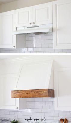 two pictures of the same kitchen with white cabinets