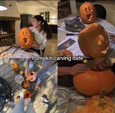 a woman carving pumpkins in the shape of jack - o'- lantern faces