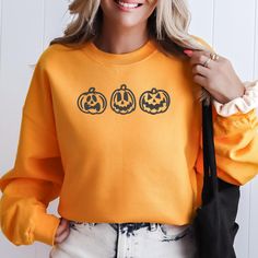 Pumpkin Trio Jack o Lantern Embroidered Unisex Sweatshirt Halloween Shirt Pumpkin Sweater Pumpkin Sweater, Jack O'lantern, Sweatshirt Halloween, Halloween Fall, Pumpkin Halloween, Fall Sweatshirt, Jack O, Jack O Lantern, Halloween Shirt