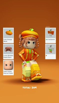 an animated doll is standing in front of several different items on the screen, including oranges and yellows