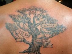 the back of a man's neck with an old tree tattoo on his chest