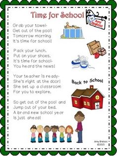 the back to school poem is shown in green and white, with pictures of children