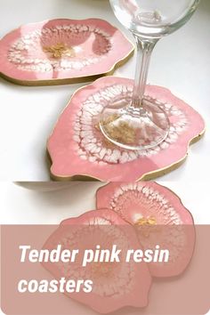 three pink dishes with flowers on them and the words tender pink resin coasters written below