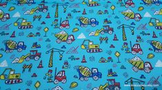 a blue background with construction vehicles and trucks on it's sides, all over