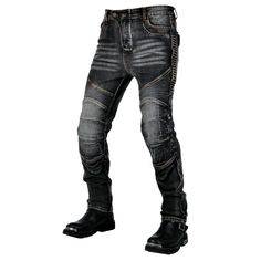 Designed for the ultimate protection on the road, our Men's Motorcycle Kevlar Tear-Resistant Denim Jeans are made with stretchable polyester and cotton fabrics, woven with stretch denim that provides superior tear-resistance. Stay safe and stylish with these jeans that offer both functionality and fashion. CE Certified Knee Outer Thigh Protective Pads ⇨ The knee and outer thigh pads are detachable and easy to mount. Insert them into their special pockets for added protection on the road. Reinfor White Forces, Motorcycle Jeans, Motorcycle Pants, Motorcycle Vest, Denim Vests, Fall Pants, Retro Men, Genuine Leather Jackets, Leather Vest